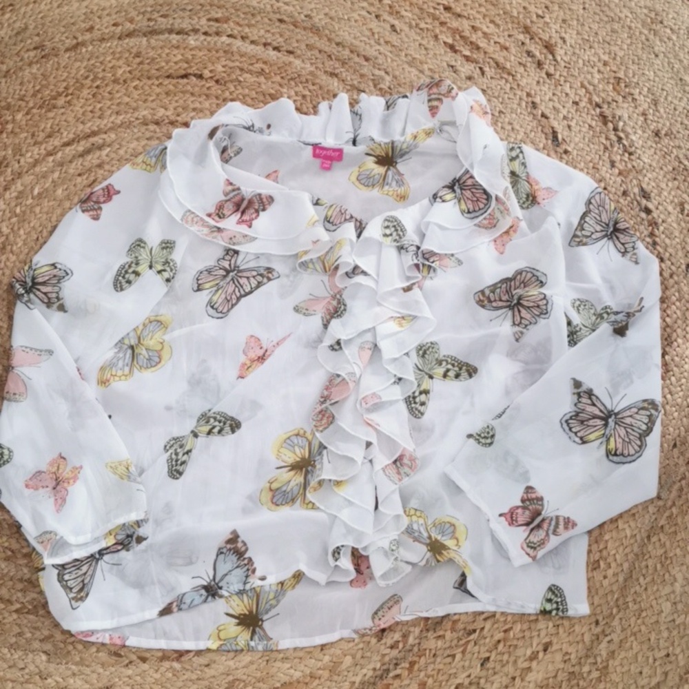 Together Y2K white butterfly print sheer ruffled blouse. Size 24W